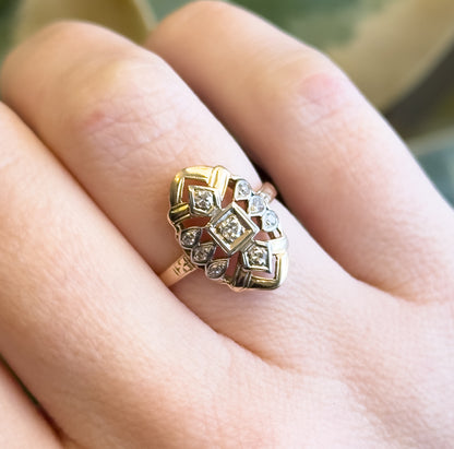 Late Art Deco Diamond Shield Ring in 14K Gold