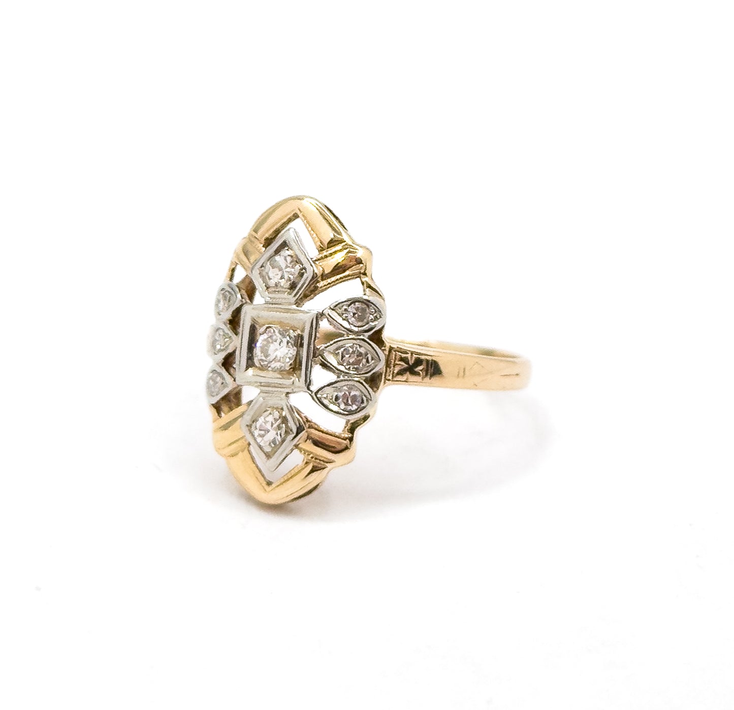 Late Art Deco Diamond Shield Ring in 14K Gold