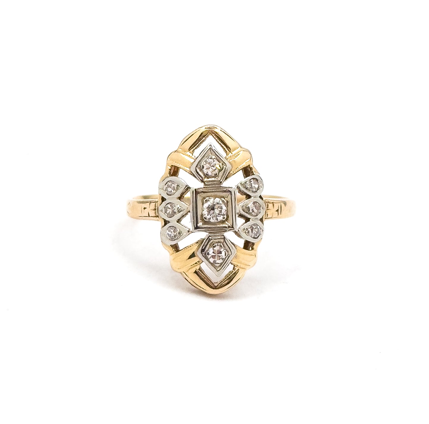 Late Art Deco Diamond Shield Ring in 14K Gold