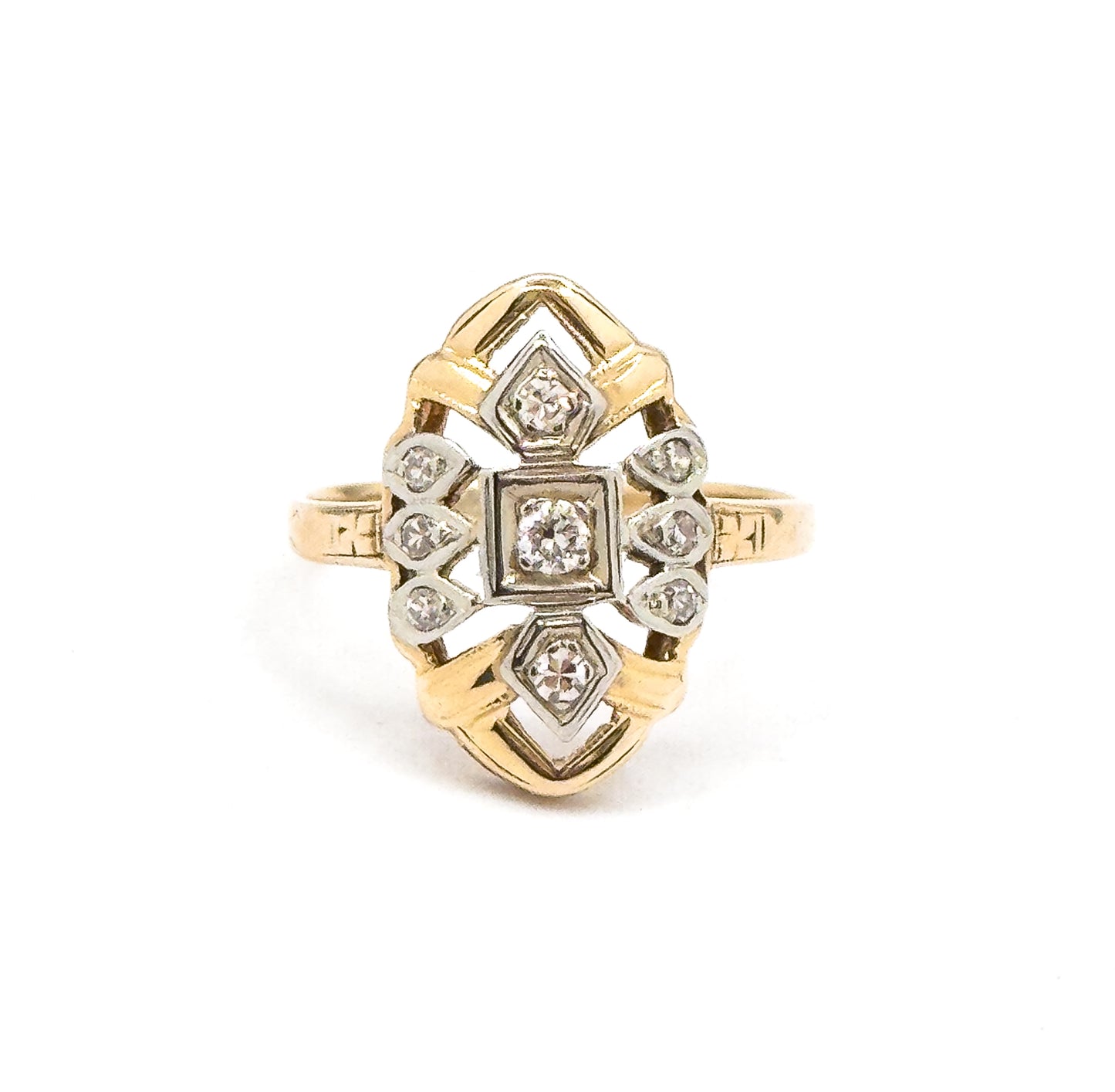Late Art Deco Diamond Shield Ring in 14K Gold