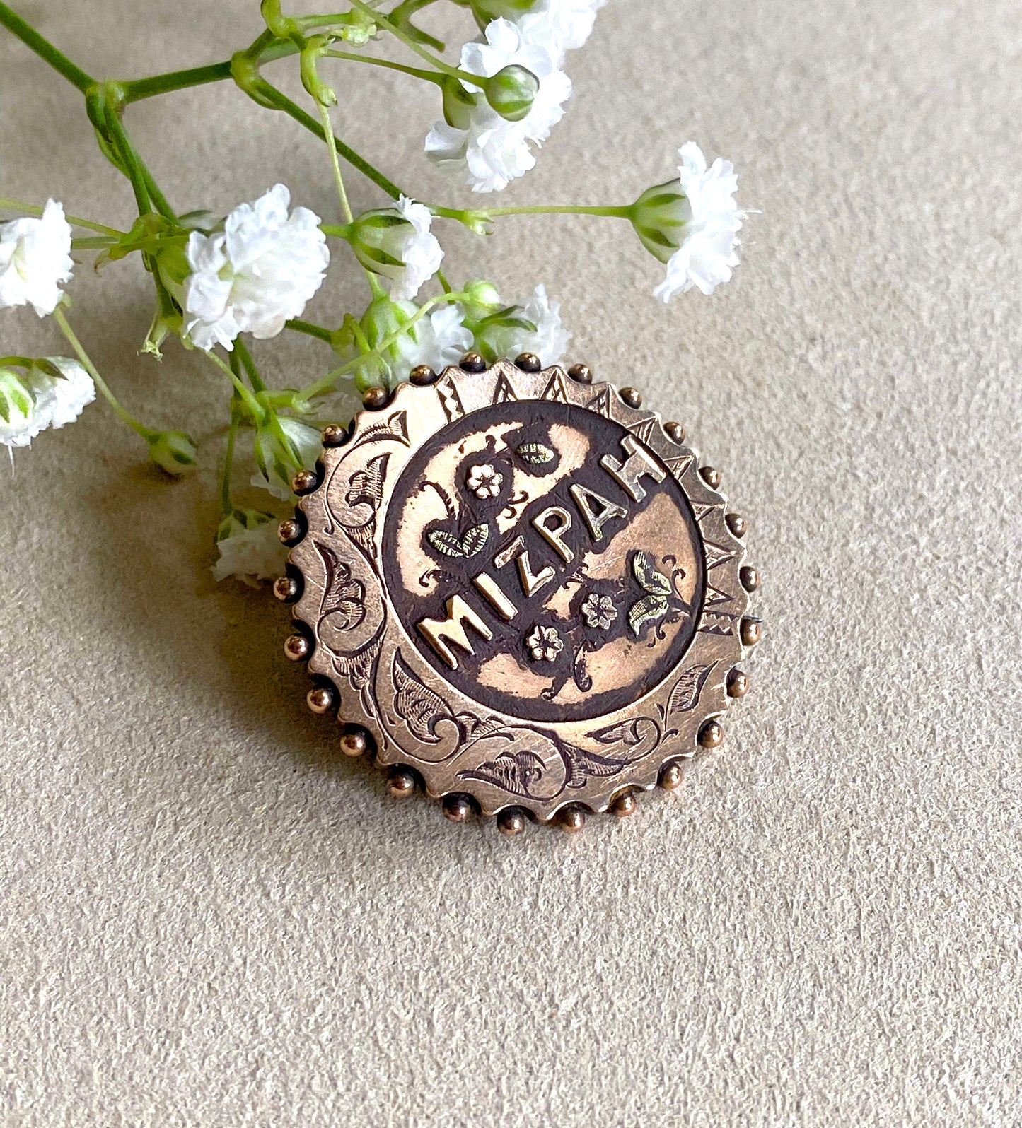 Victorian Mizpah Brooch in 9K Rose Gold, Edwardian Hallmarked