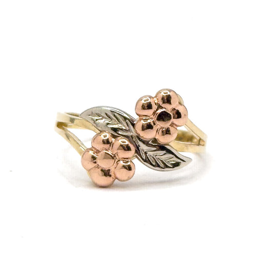 Vintage toi et moi flower ring in 10K tricolor gold