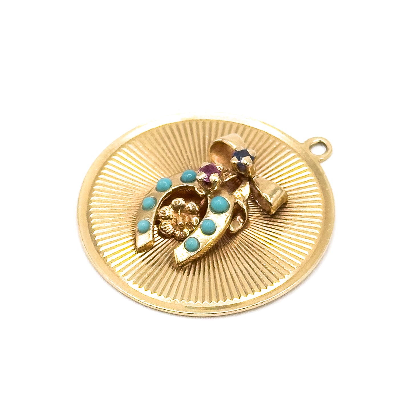Mid-Century Lucky Horse Shoe with Bow Pendant in 14K Gold