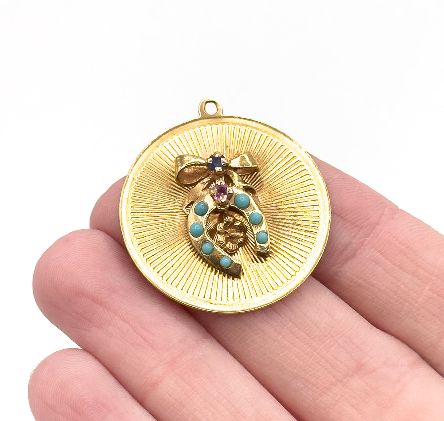 Mid-Century Lucky Horse Shoe with Bow Pendant in 14K Gold