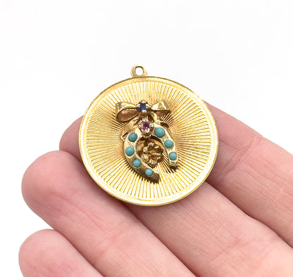 Mid-Century Lucky Horse Shoe with Bow Pendant in 14K Gold