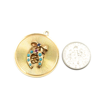 Mid-Century Lucky Horse Shoe with Bow Pendant in 14K Gold