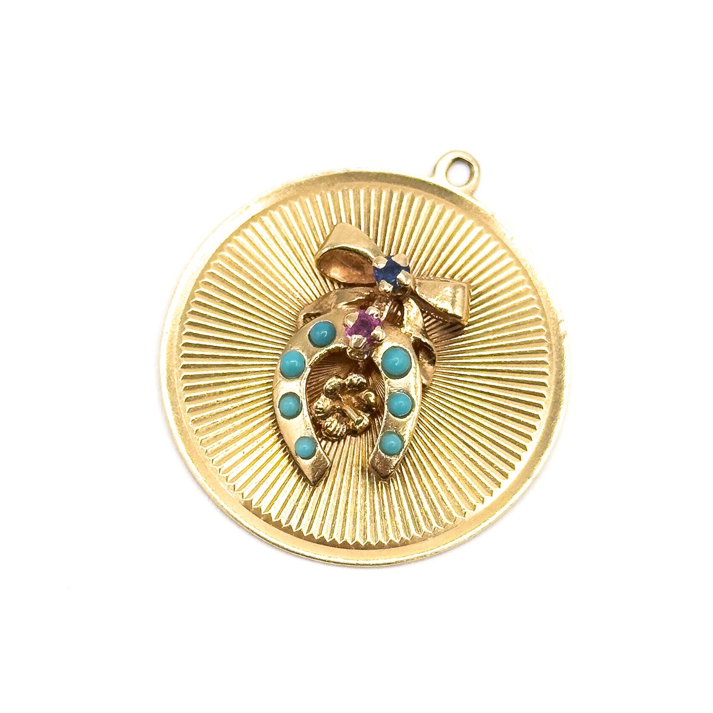Mid-Century Lucky Horse Shoe with Bow Pendant in 14K Gold