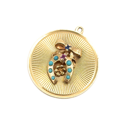 Mid-Century Lucky Horse Shoe with Bow Pendant in 14K Gold