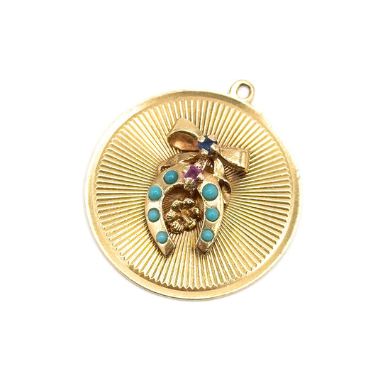Mid-Century Lucky Horse Shoe with Bow Pendant in 14K Gold