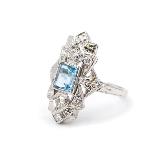 Art Deco Aquamarine & Diamond Shield Ring in 14K White Gold