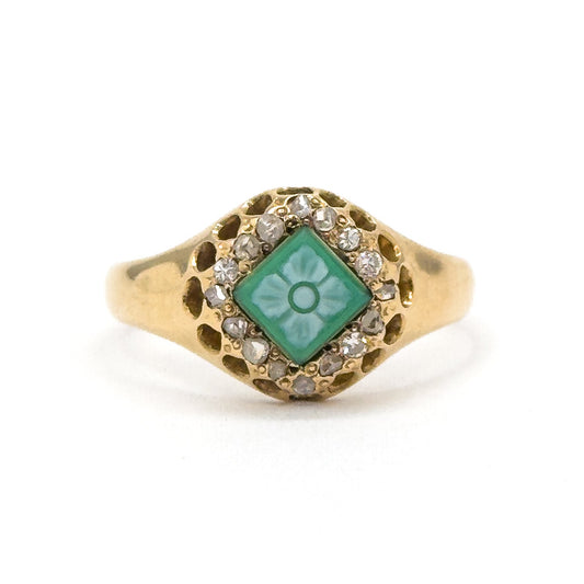 Antique Green Hardstone Cameo Flower Ring with Diamond Halo in 18K Gold