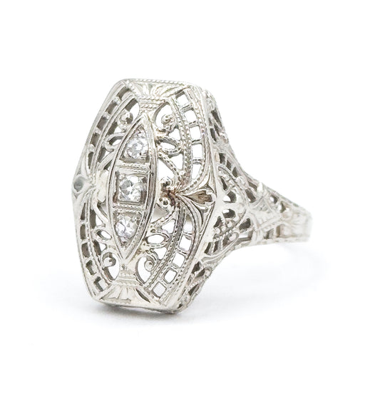 Art Deco Filigree Diamond Shield Ring in 14K White Gold