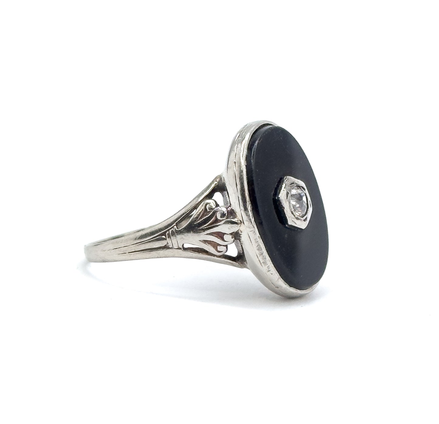 Vintage Onyx & Diamond Ring in White Gold