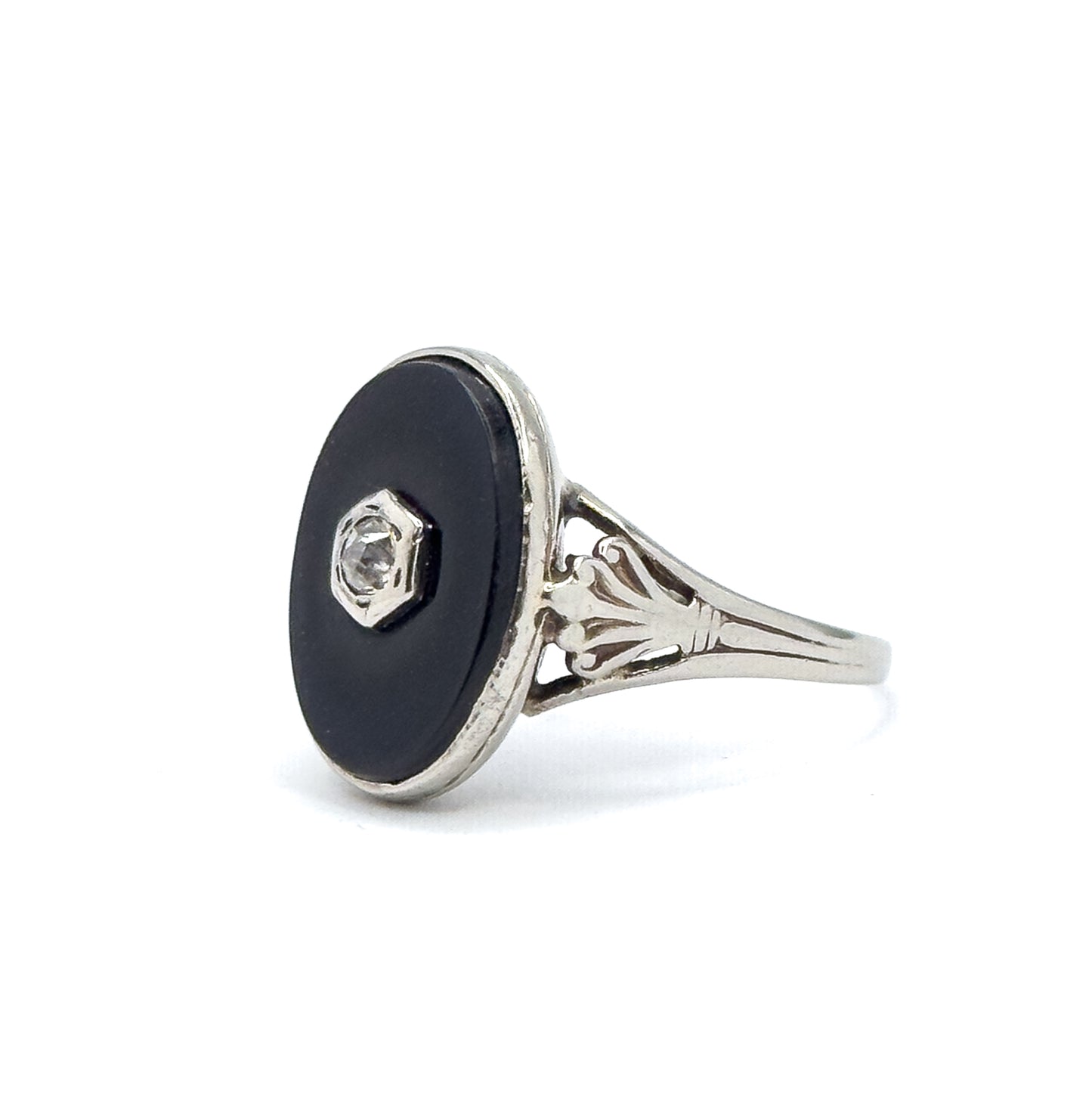 Vintage Onyx & Diamond Ring in White Gold