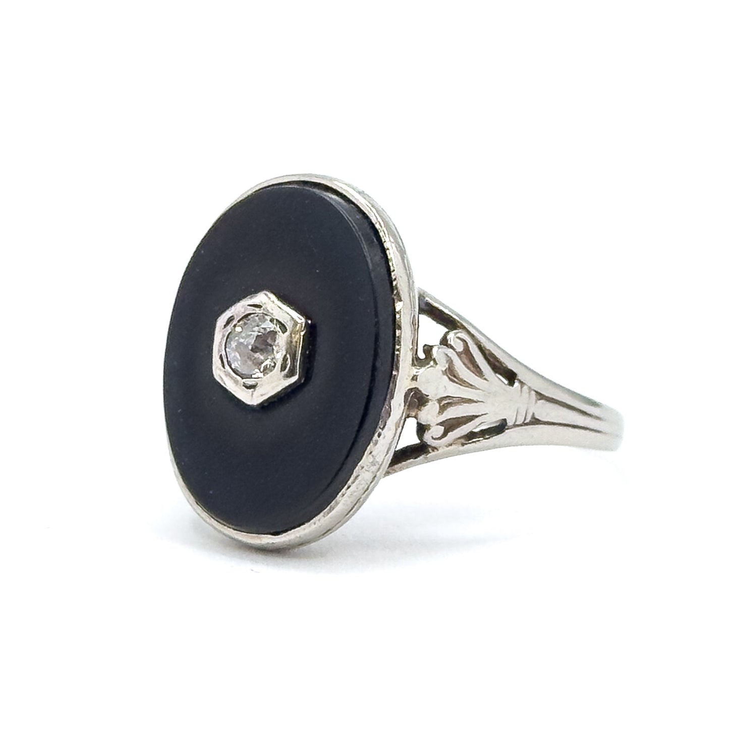 Vintage Onyx & Diamond Ring in White Gold