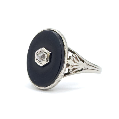 Vintage Onyx & Diamond Ring in White Gold