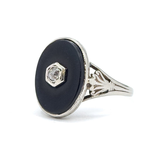 Vintage Onyx & Diamond Ring in White Gold