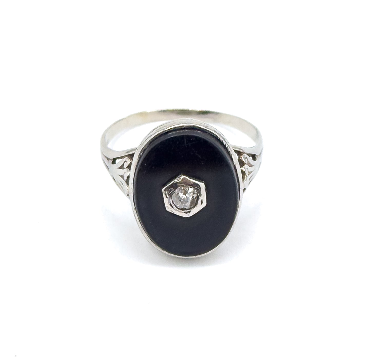 Vintage Onyx & Diamond Ring in White Gold
