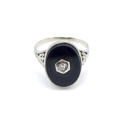 Vintage Onyx & Diamond Ring in White Gold