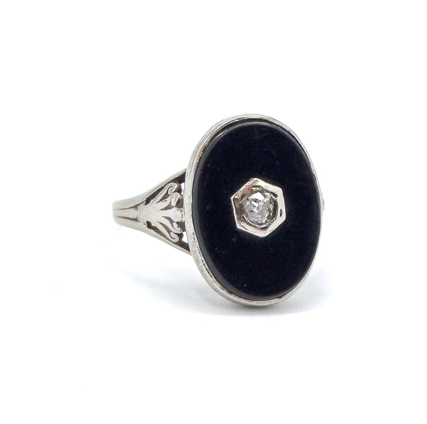 Vintage Onyx & Diamond Ring in White Gold