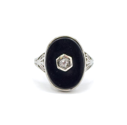 Vintage Onyx & Diamond Ring in White Gold