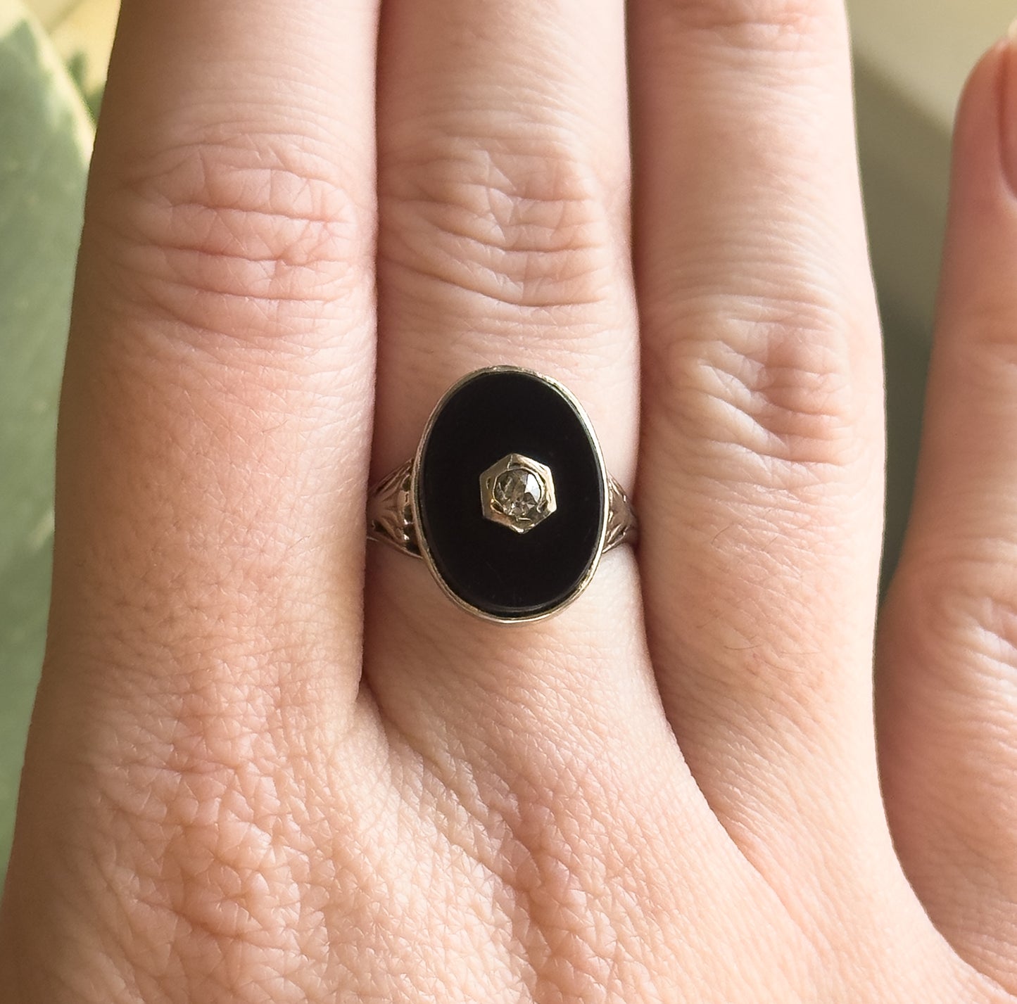 Vintage Onyx & Diamond Ring in White Gold