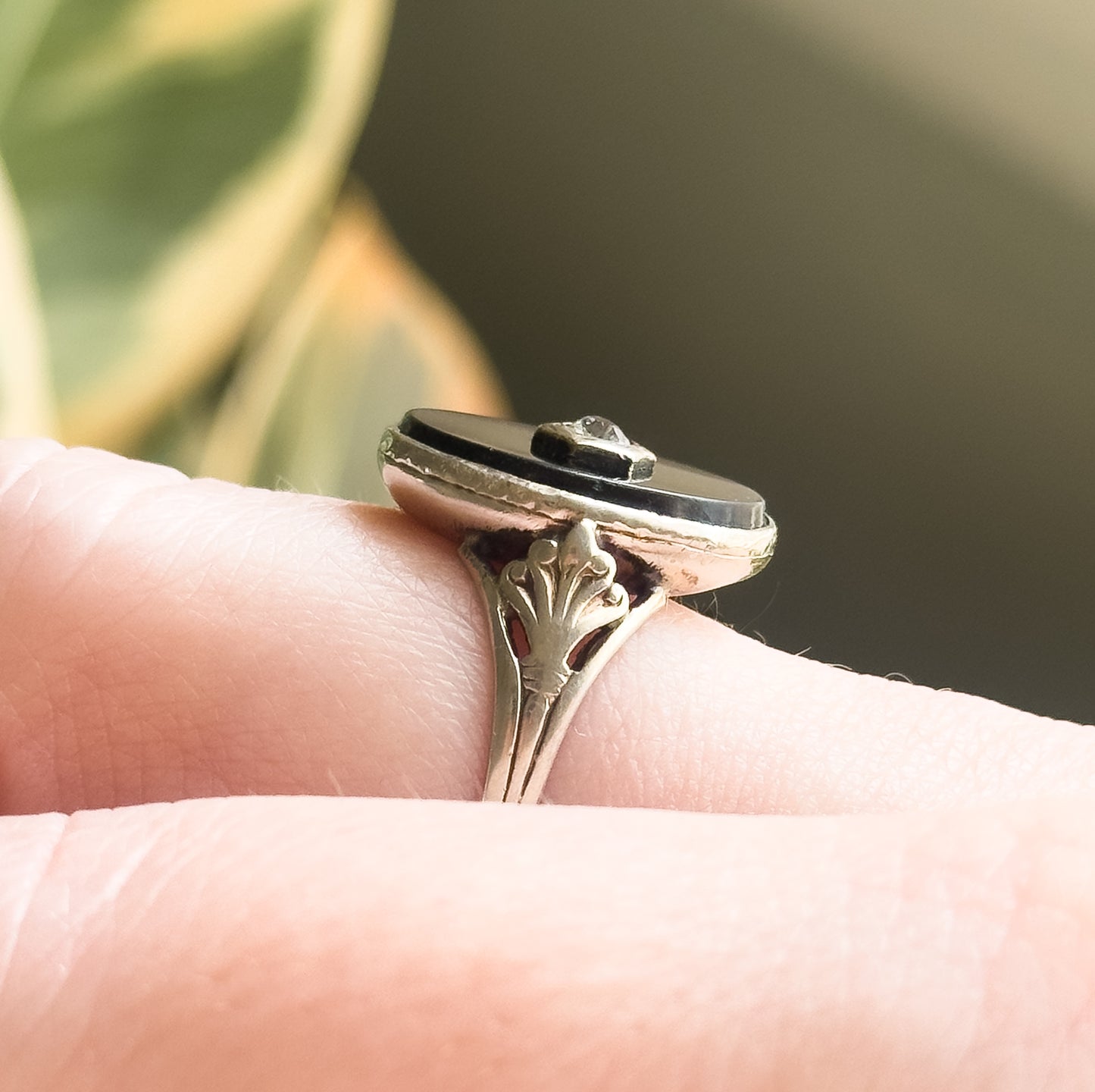 Vintage Onyx & Diamond Ring in White Gold