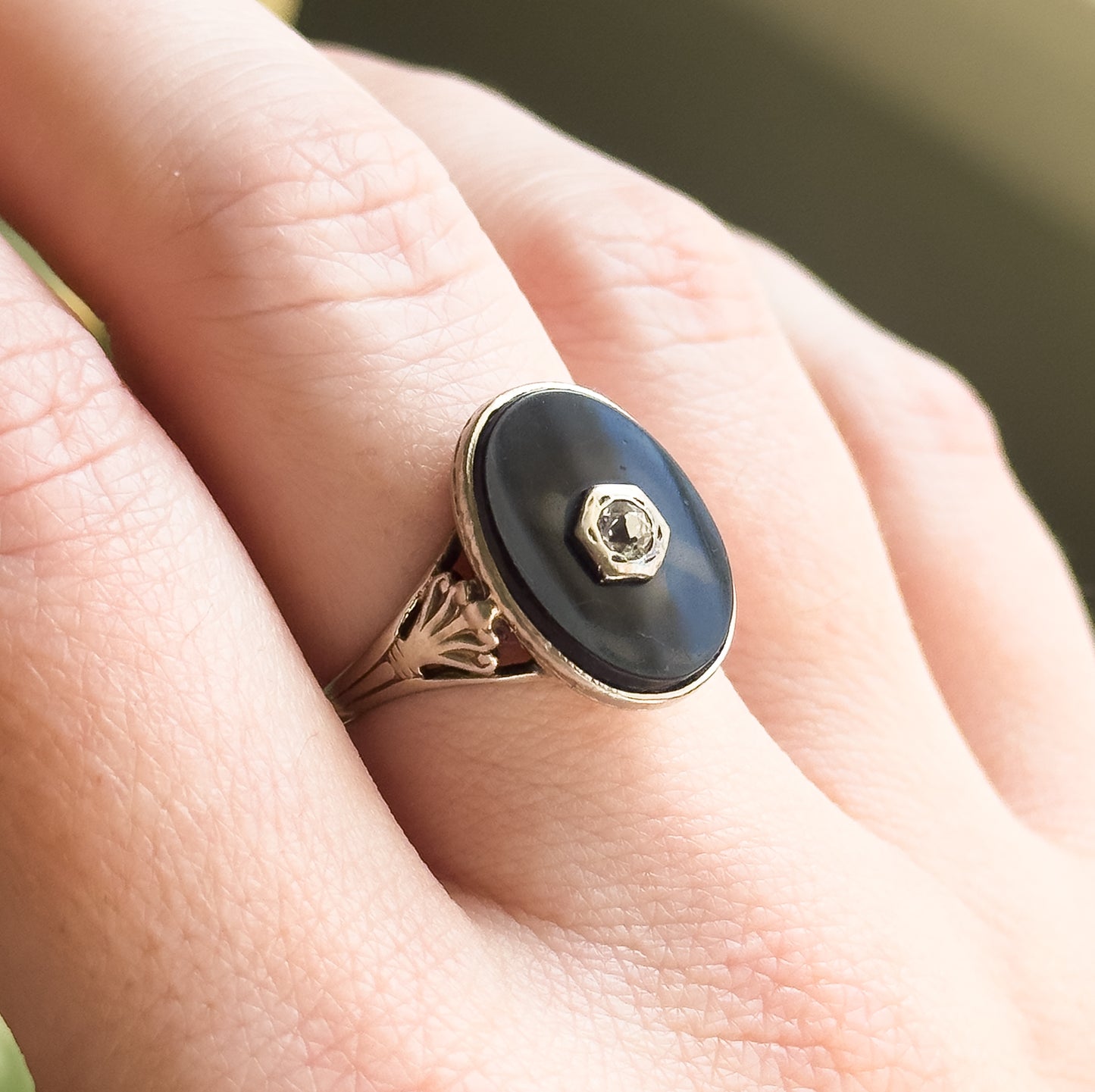 Vintage Onyx & Diamond Ring in White Gold