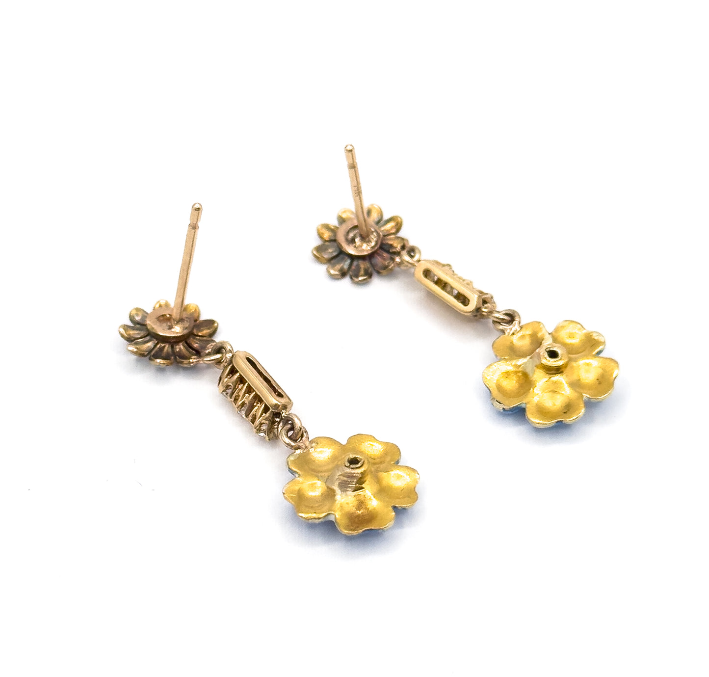 Antique Blue Enamel & Diamond Flower Stud Earrings in Gold