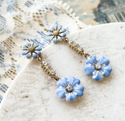 Antique Blue Enamel & Diamond Flower Stud Earrings in Gold