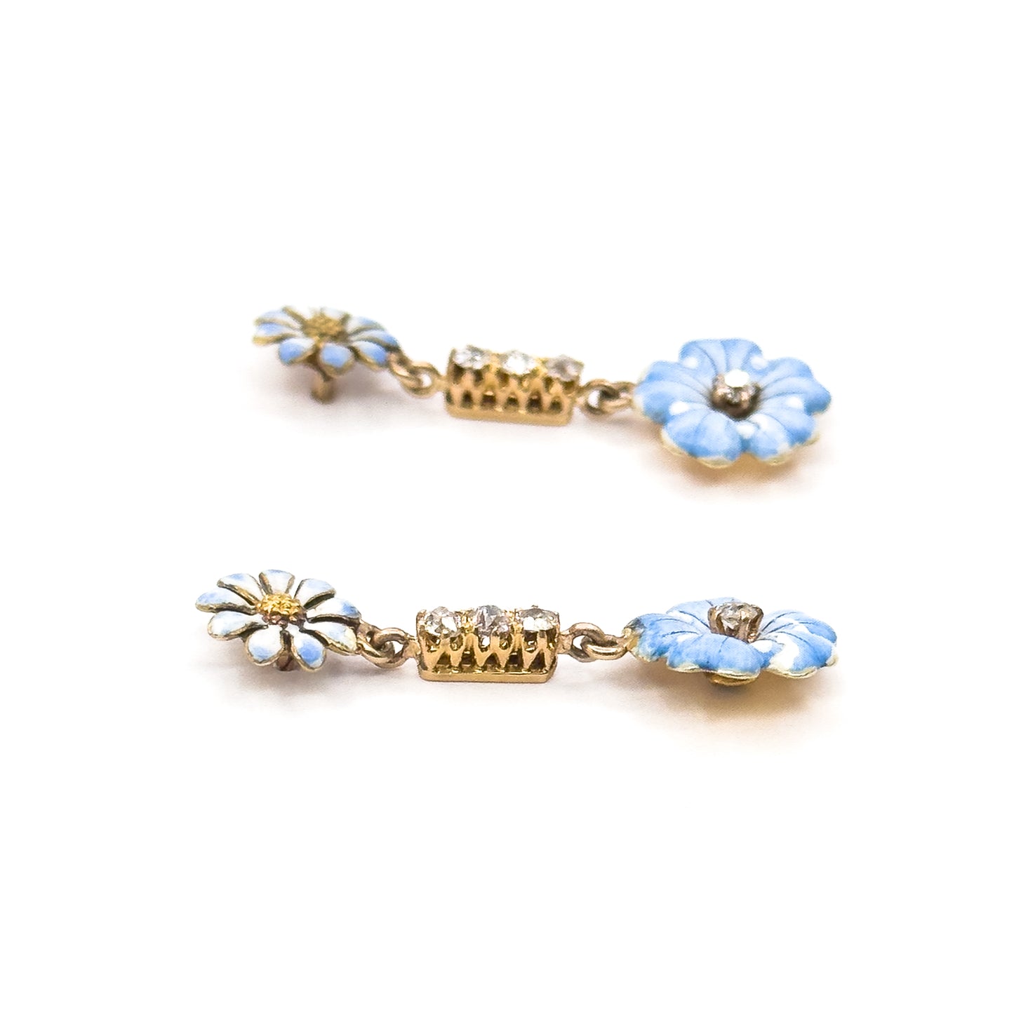 Antique Blue Enamel & Diamond Flower Stud Earrings in Gold