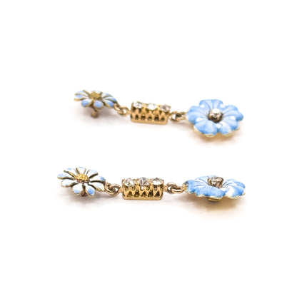 Antique Blue Enamel & Diamond Flower Stud Earrings in Gold