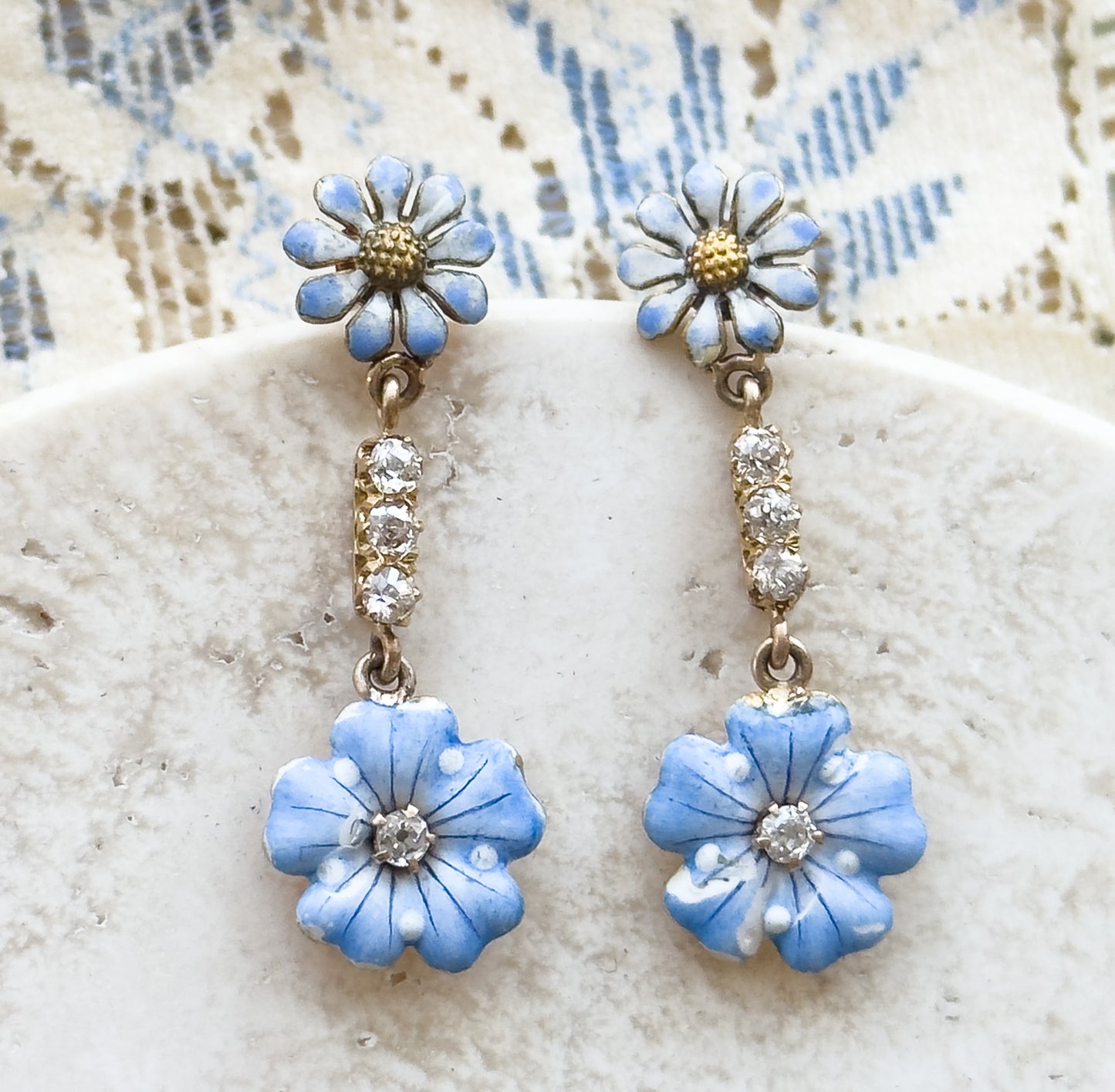Antique Blue Enamel & Diamond Flower Stud Earrings in Gold
