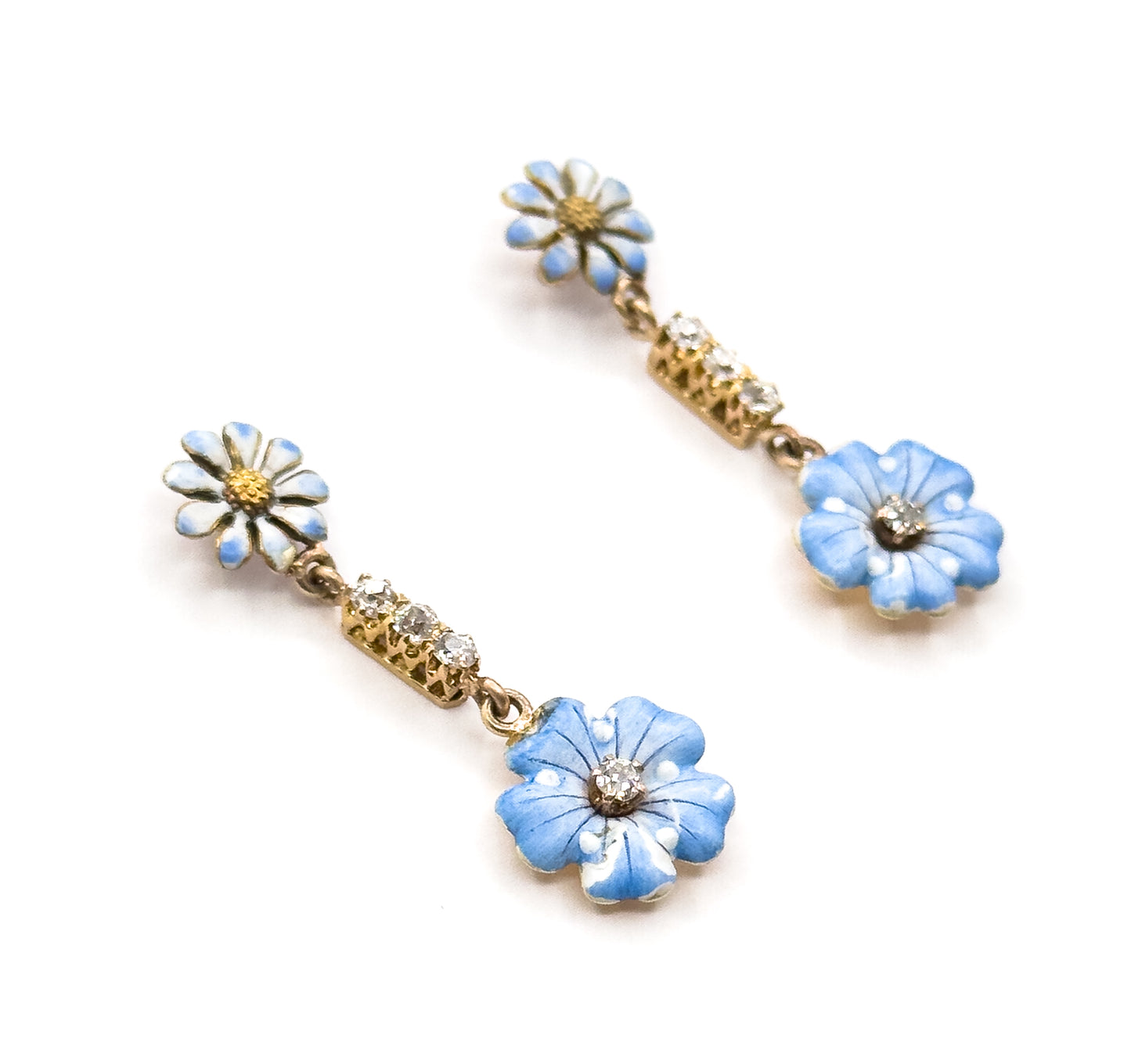 Antique Blue Enamel & Diamond Flower Stud Earrings in Gold