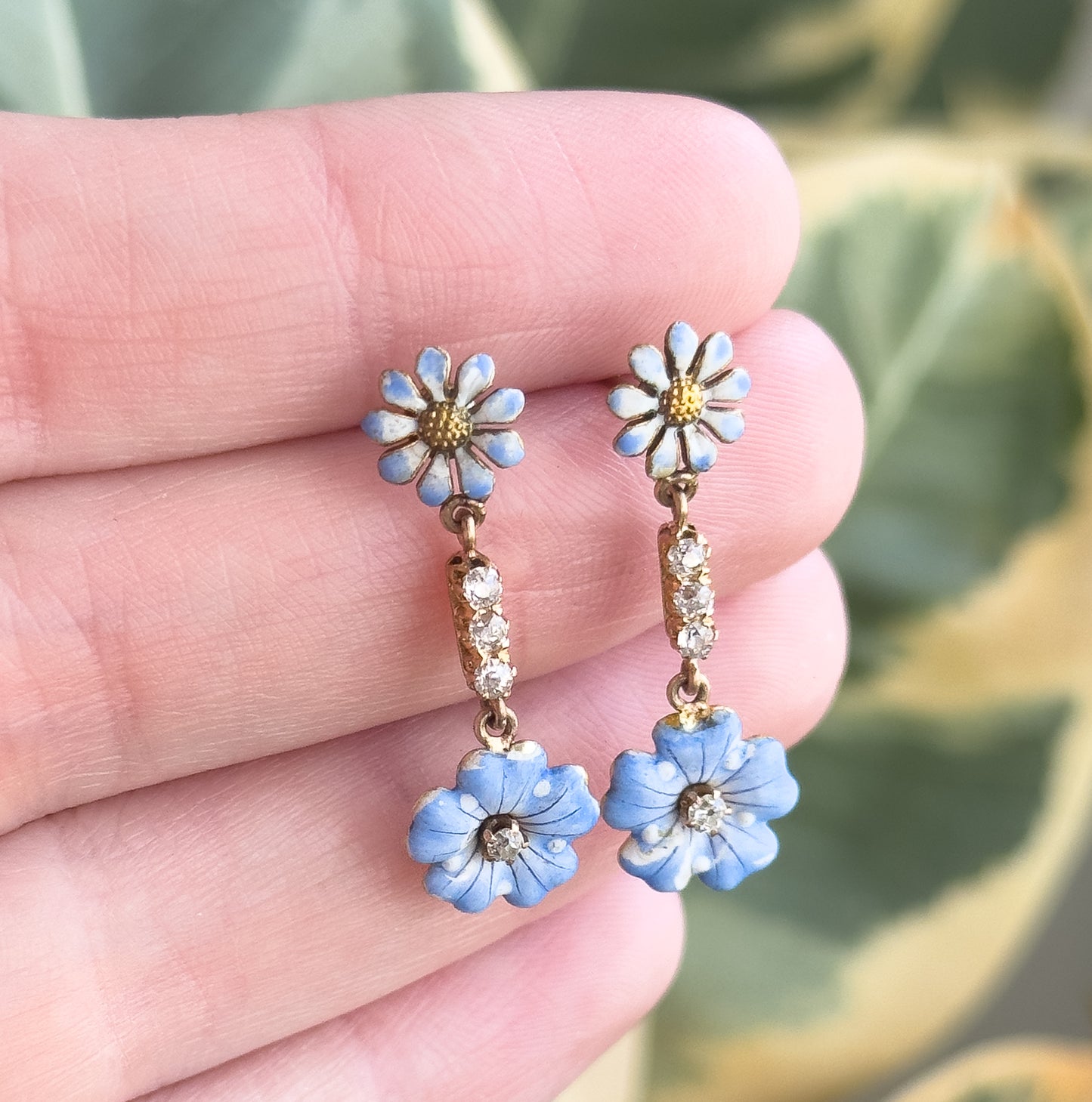Antique Blue Enamel & Diamond Flower Stud Earrings in Gold