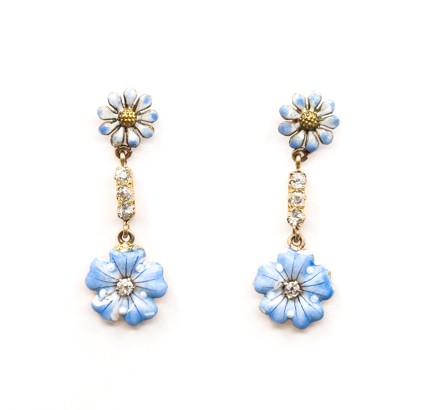 Antique Blue Enamel & Diamond Flower Stud Earrings in Gold