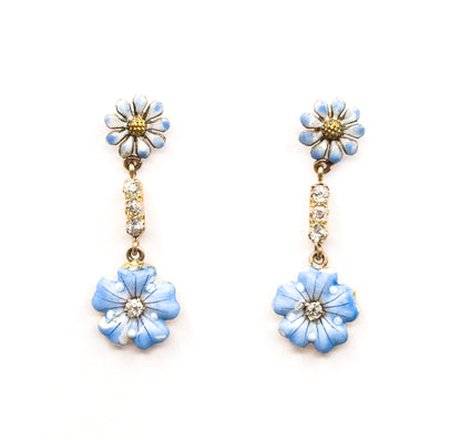 Antique Blue Enamel & Diamond Flower Stud Earrings in Gold
