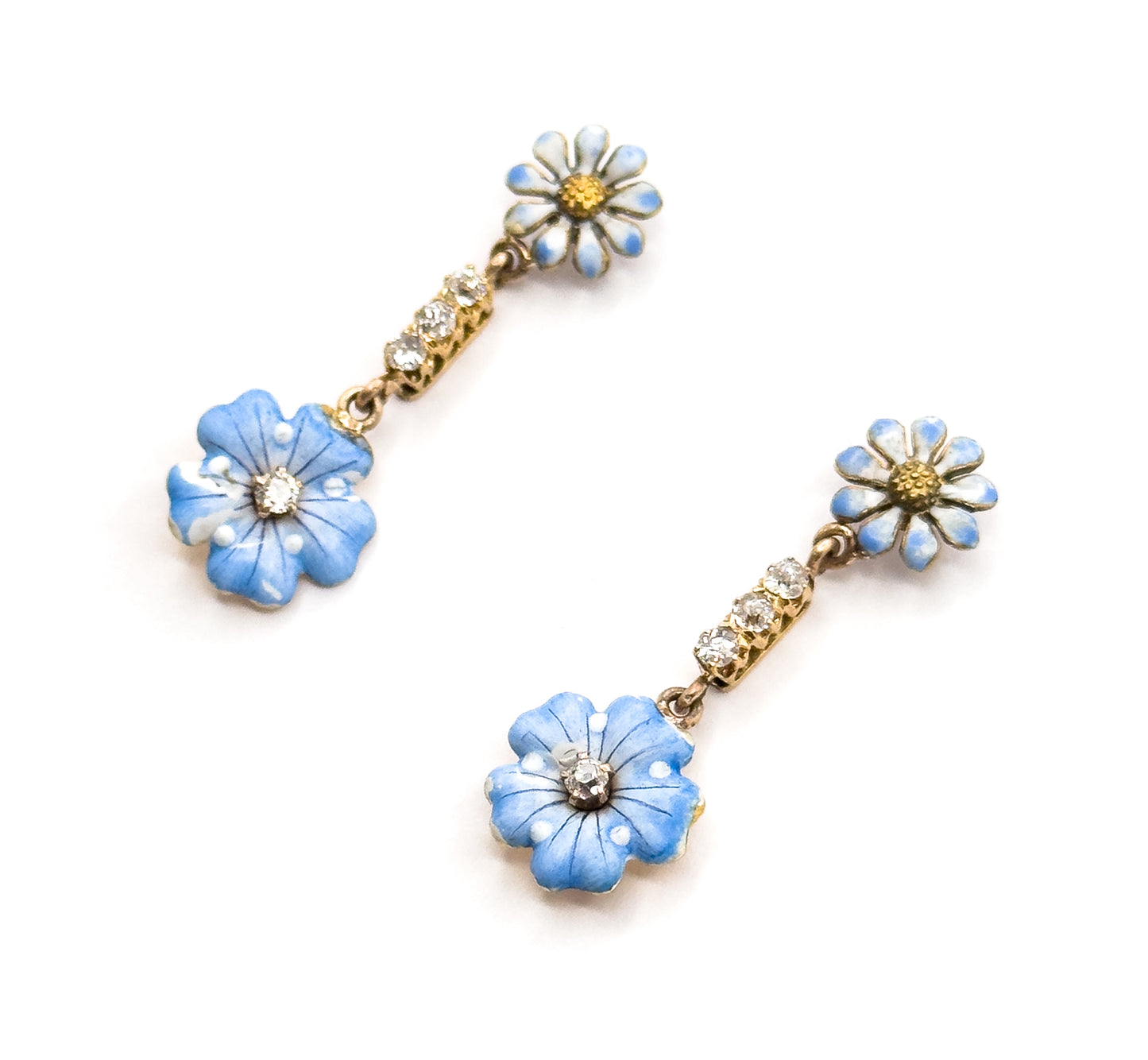 Antique Blue Enamel & Diamond Flower Stud Earrings in Gold