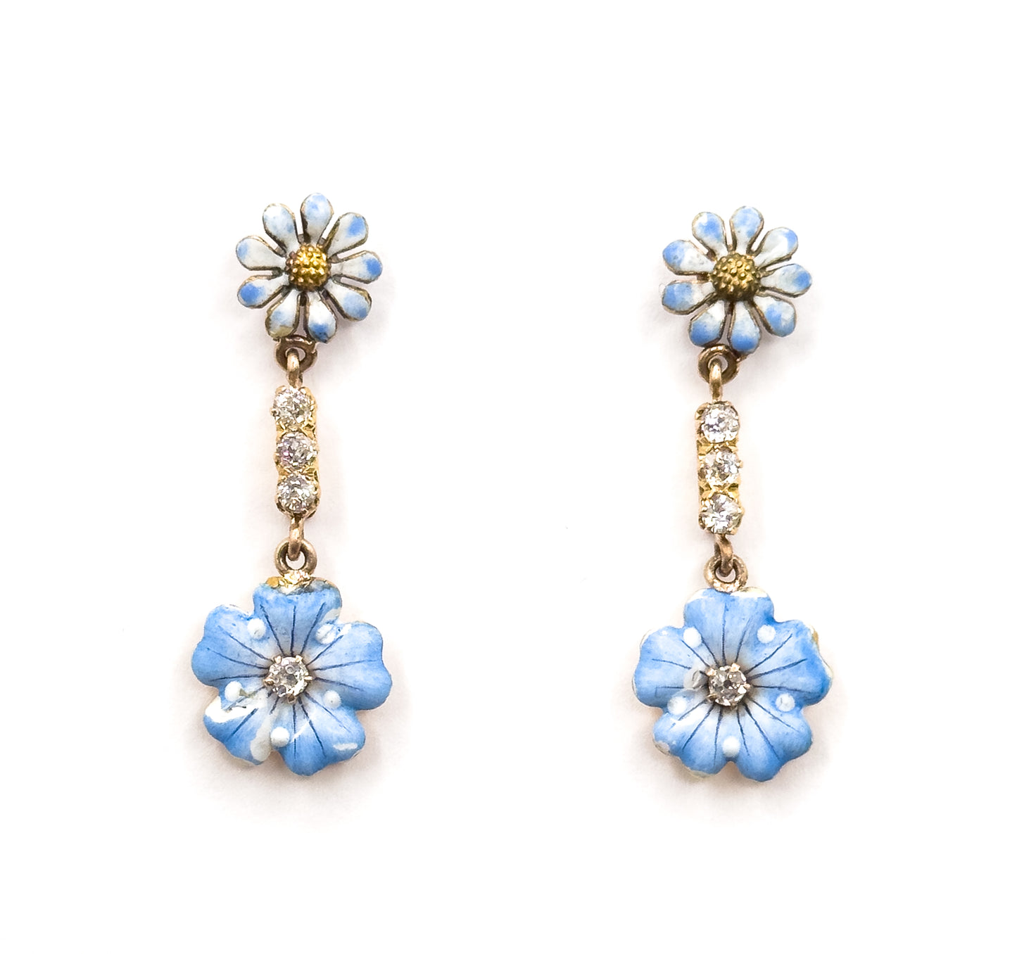 Antique Blue Enamel & Diamond Flower Stud Earrings in Gold