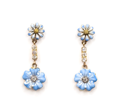 Antique Blue Enamel & Diamond Flower Stud Earrings in Gold