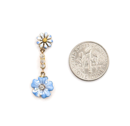 Antique Blue Enamel & Diamond Flower Stud Earrings in Gold