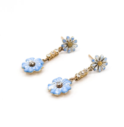 Antique Blue Enamel & Diamond Flower Stud Earrings in Gold