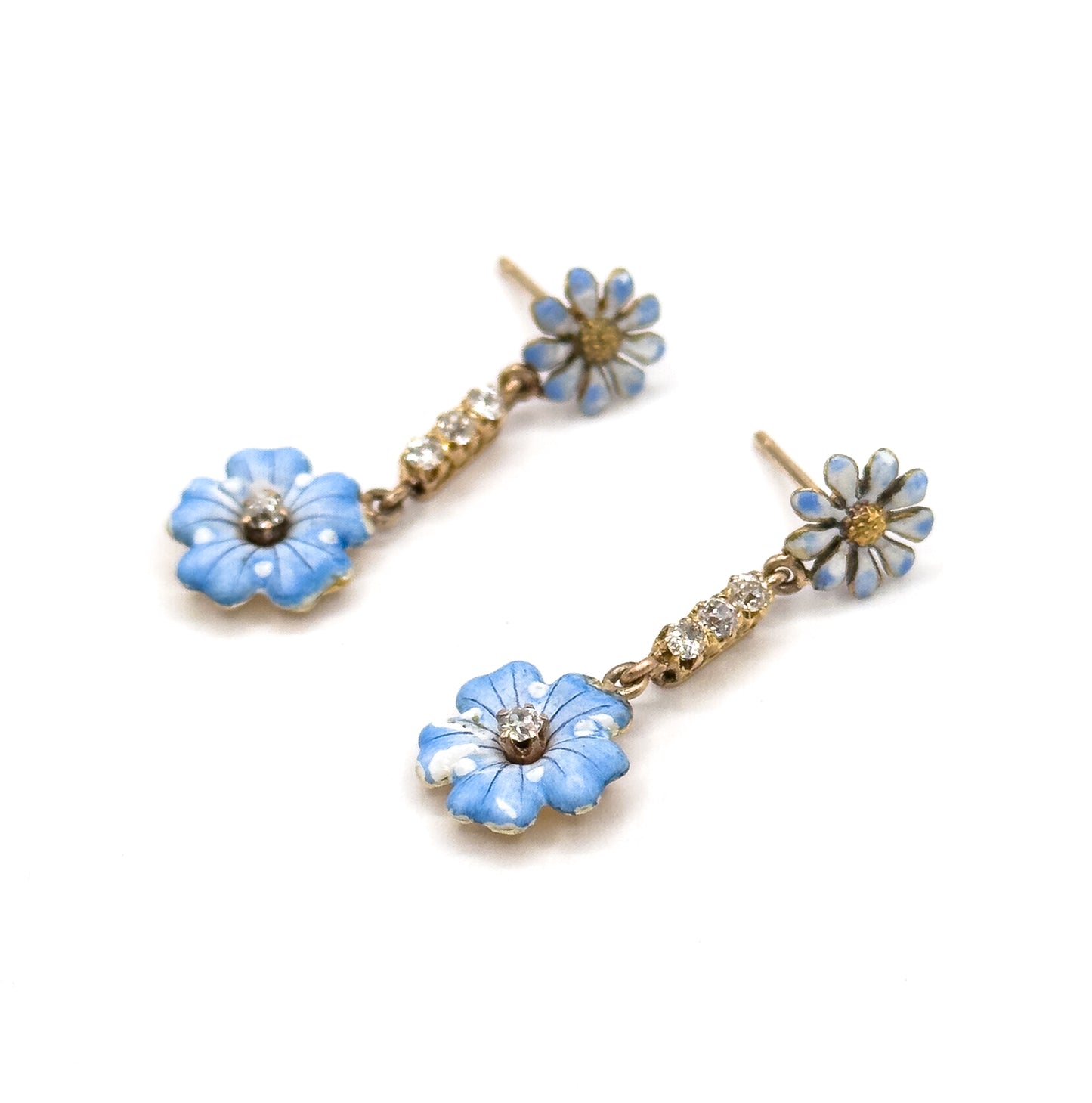 Antique Blue Enamel & Diamond Flower Stud Earrings in Gold