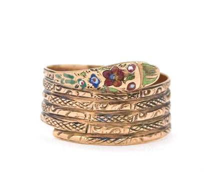 Victorian Wide Band Snake Ring with Enamel Details