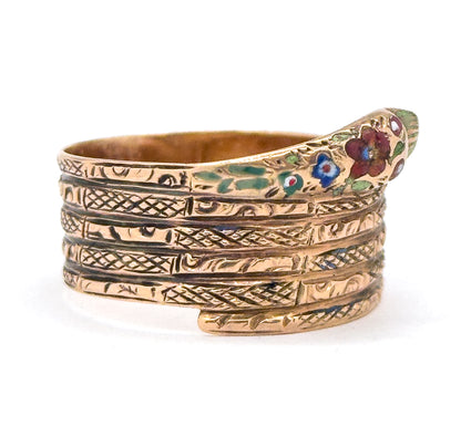 Victorian Wide Band Snake Ring with Enamel Details