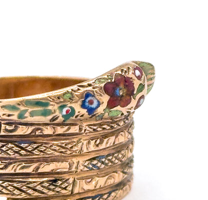 Victorian Wide Band Snake Ring with Enamel Details