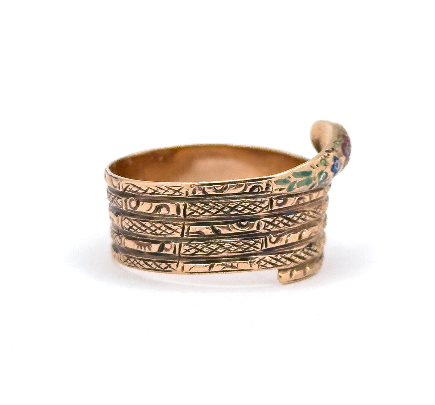 Victorian Wide Band Snake Ring with Enamel Details