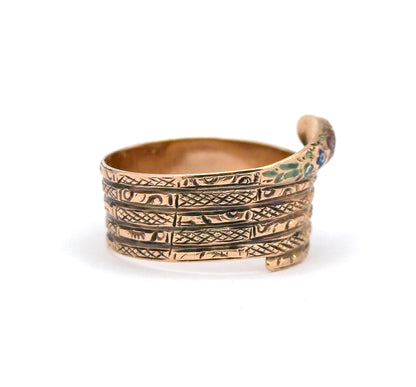 Victorian Wide Band Snake Ring with Enamel Details