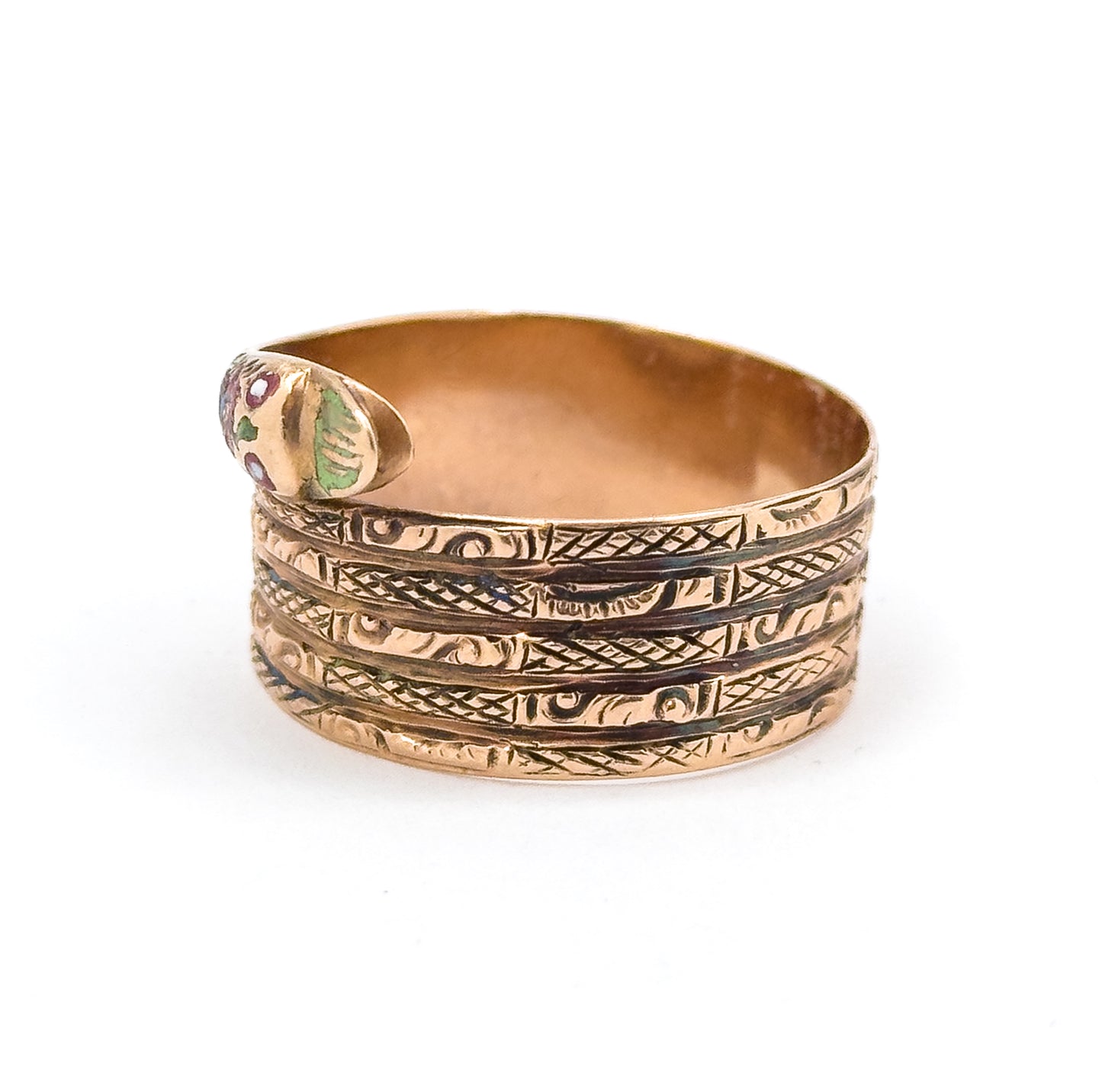 Victorian Wide Band Snake Ring with Enamel Details