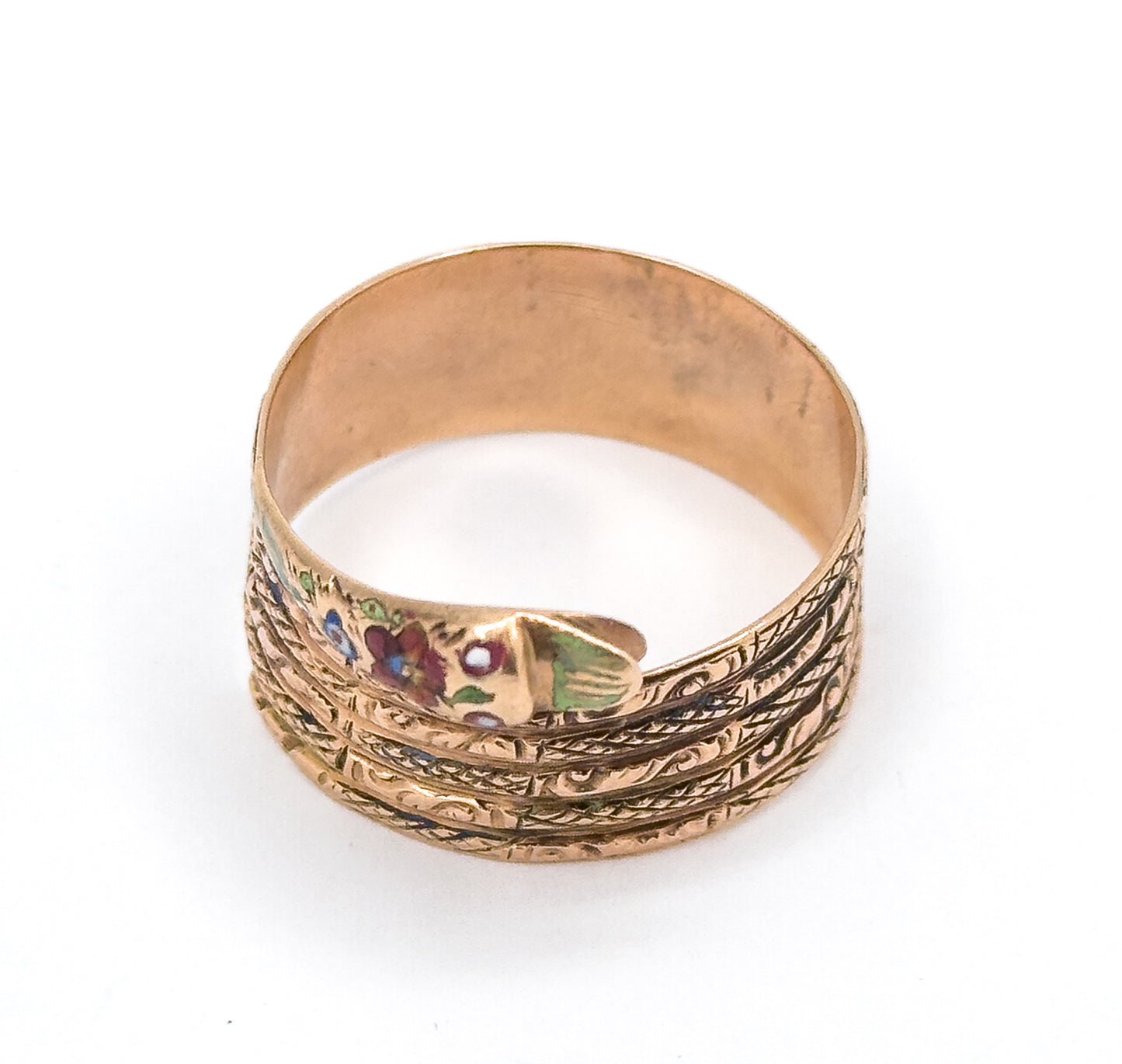 Victorian Wide Band Snake Ring with Enamel Details
